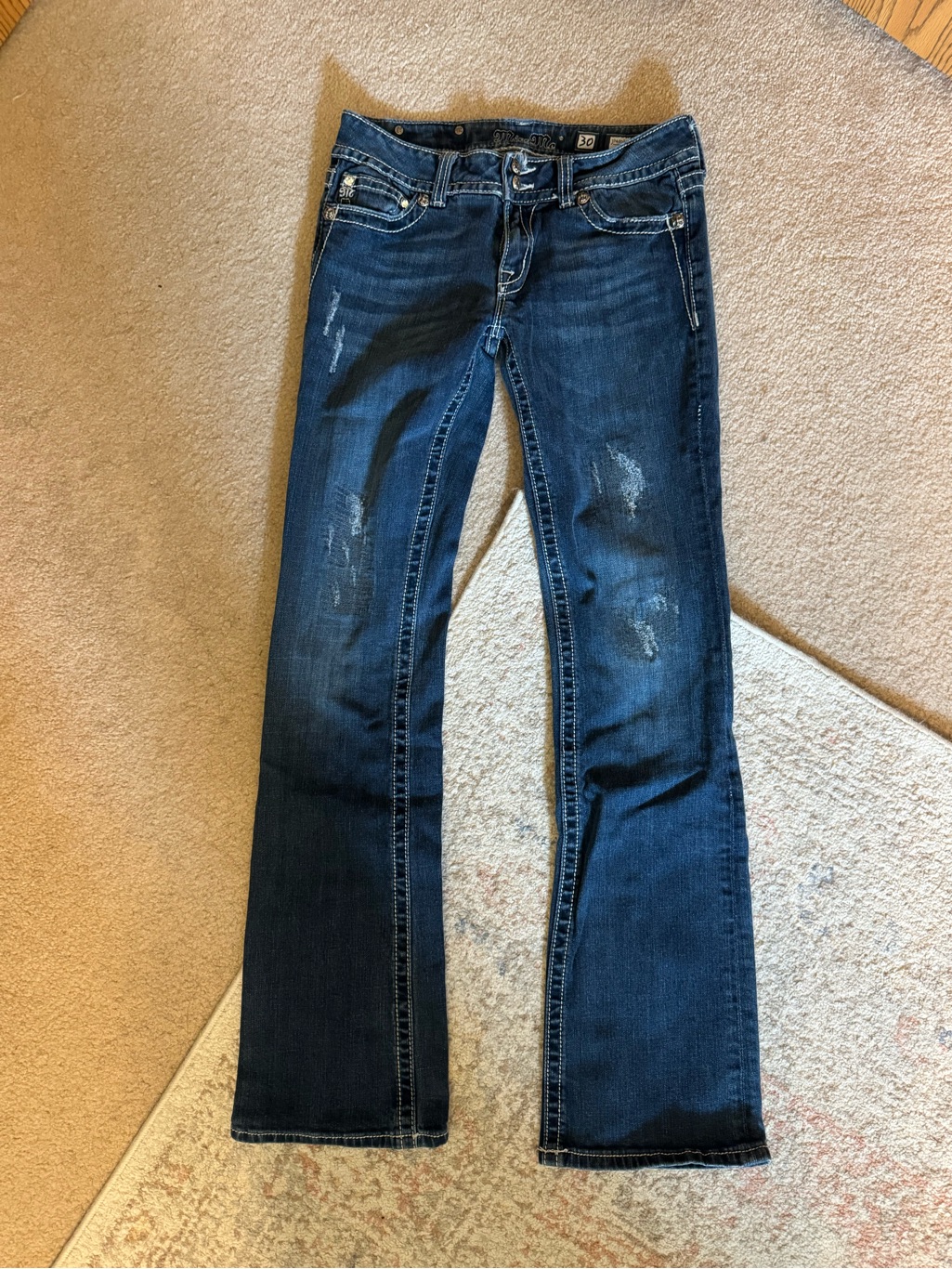 Miss Me Dark Blue Bootcut Jeans With Distressed Detail 30x35